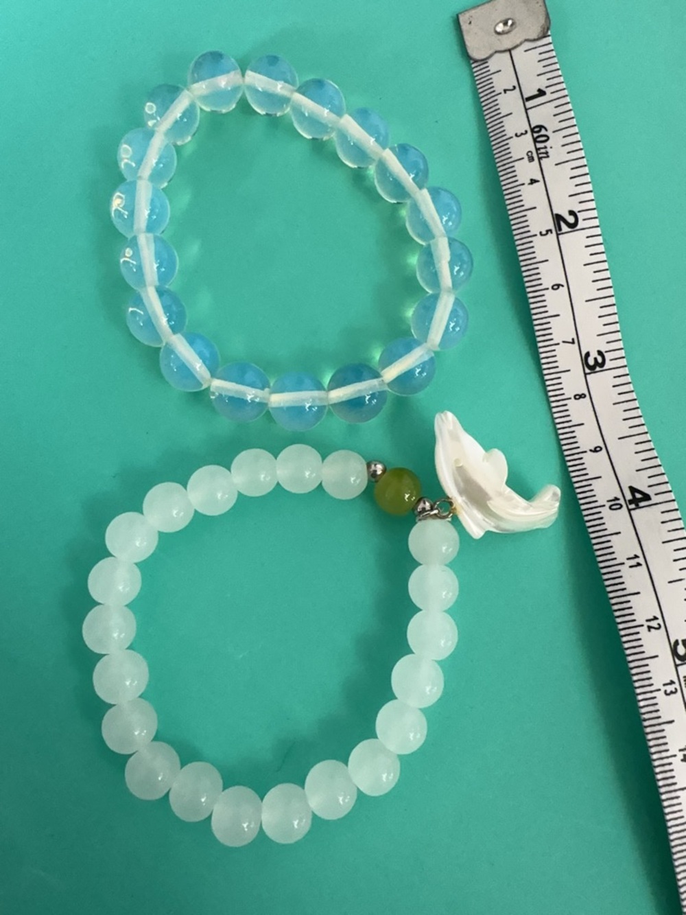 Bead Stretch Bracelets Set with Blue Opalescent and Mother of Pearl dolphin